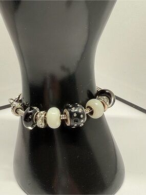 Bella Perlina Charm Bracelet with Black & White Beads and Rhinestone Accents
